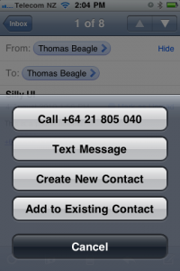 Screenshot showing the press and hold menu with call, text, contacts